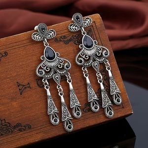Bohemian Gemstone Drop Earrings With Leaf Long Tassel Fine Jewelry For Women